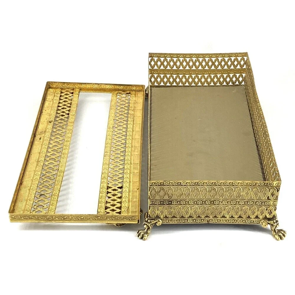 Vtg 60s Tissue Holder Ornate Metal Filigree - Hollywood - Footed w/Floral Decor